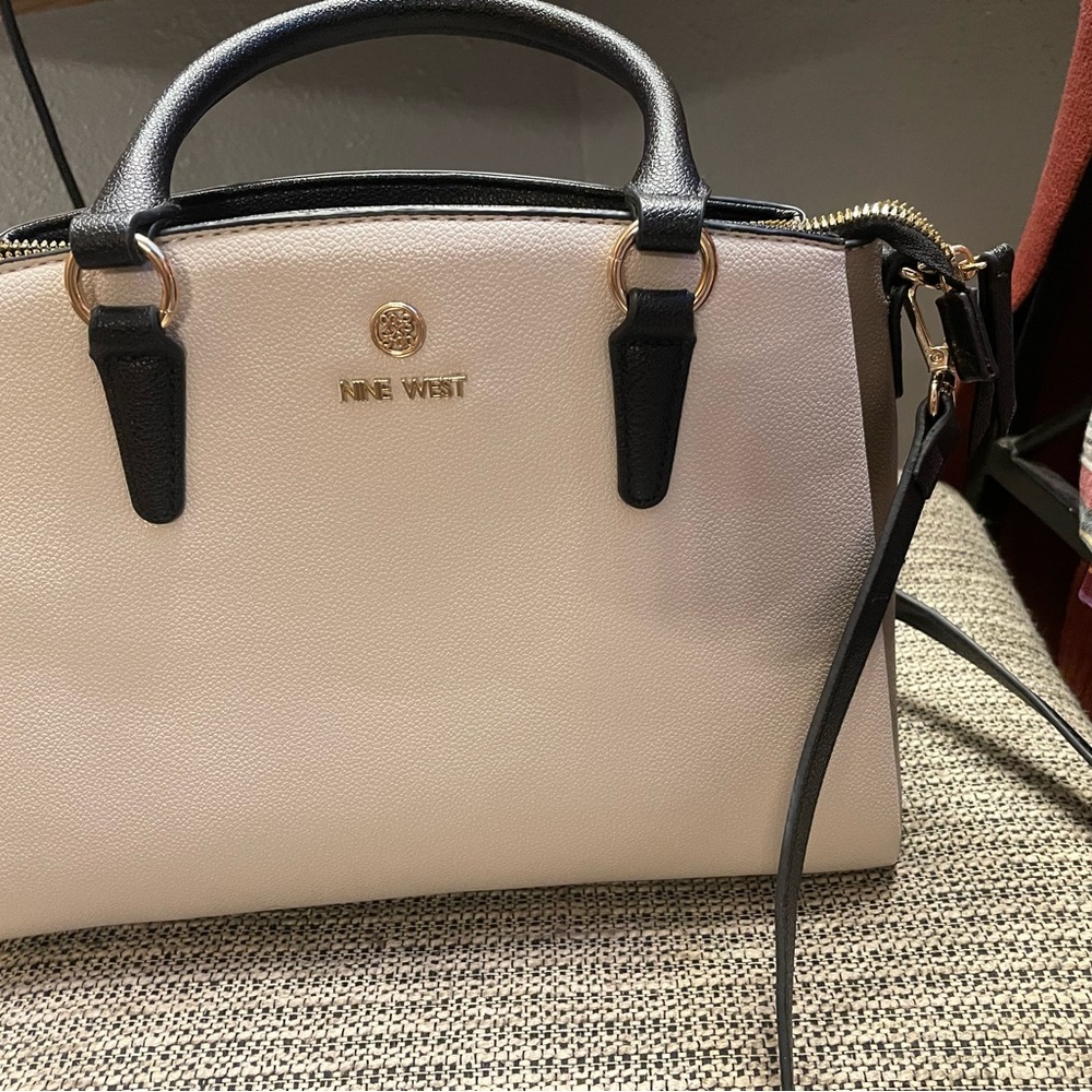 Nine West Cream and Black Satchel with Gold Accents